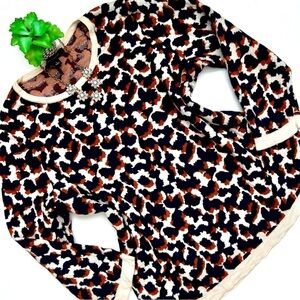 Ann Taylor Leopard Wool Blend Sweater Crew Neck 3/4 Sleeve Navy Brown Cream L
